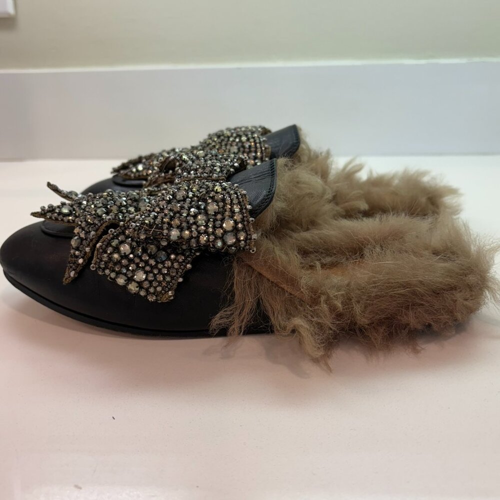 Gucci Princetown Fur Lined Crystal Bow Mule Slippers Black Leather Size 36 6 - Picture 12 of 17